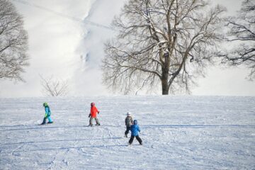 Drei Kinder fahren Ski. Winterlandschaft im Hintergrund